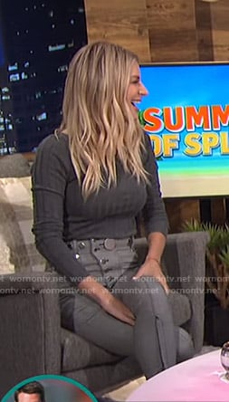 Morgan’s grey sweater and button detail pants on E! News Nightly Pop