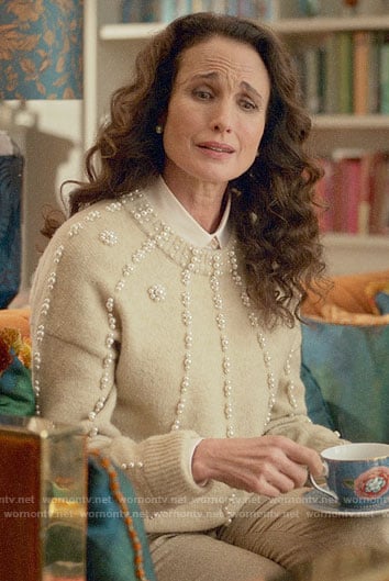 Mrs Howard’s pearl embellished sweater on Four Weddings and a Funeral