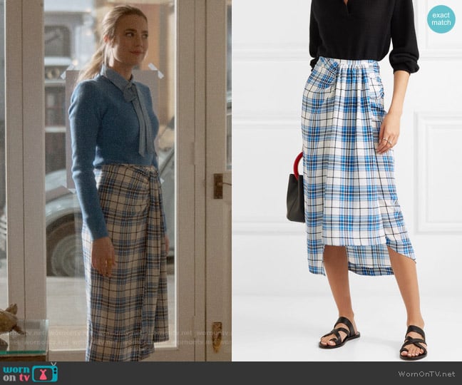 Closet London Siven Checked Silk Midi Skirt worn by Ainsley Howard (Rebecca Rittenhouse) on Four Weddings and a Funeral