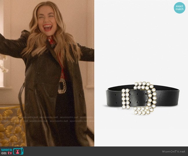 Philosophy Di Lorenzo Serafini Faux pearl-embellished leather belt worn by Ainsley Howard (Rebecca Rittenhouse) on Four Weddings and a Funeral