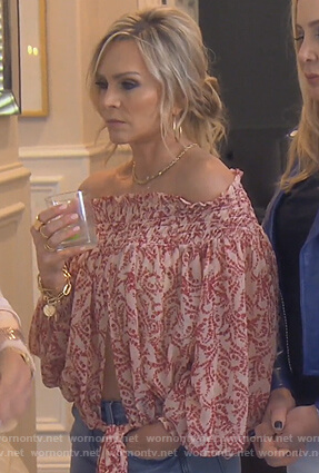 Tamra's floral off shoulder blouse on The Real Housewives of Orange County