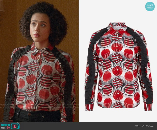 RED Valentino Printed Silk Shirt with Contrast Frills worn by Maya (Nathalie Emmanuel) on Four Weddings and a Funeral