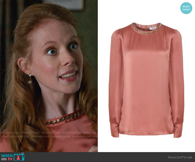 WornOnTV: Gemma’s coral embellished blouse on Four Weddings and a