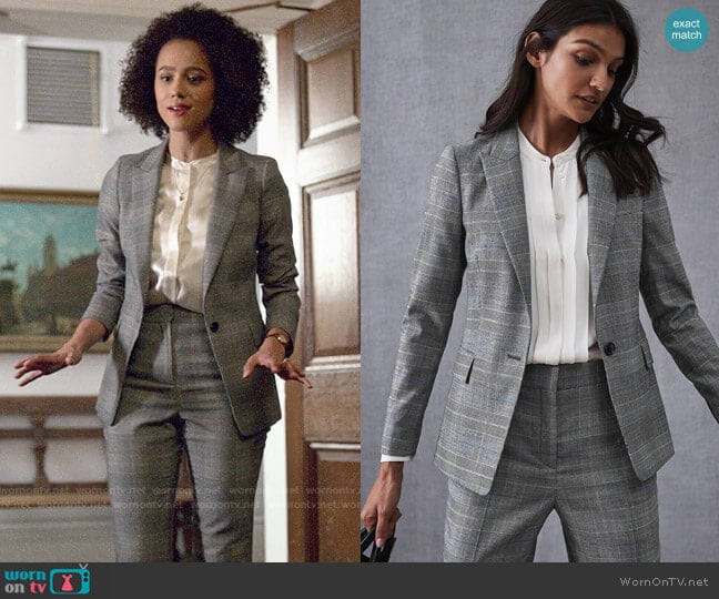 Reiss Joss Check Plaid Blazer and Trousers worn by Maya (Nathalie Emmanuel) on Four Weddings and a Funeral