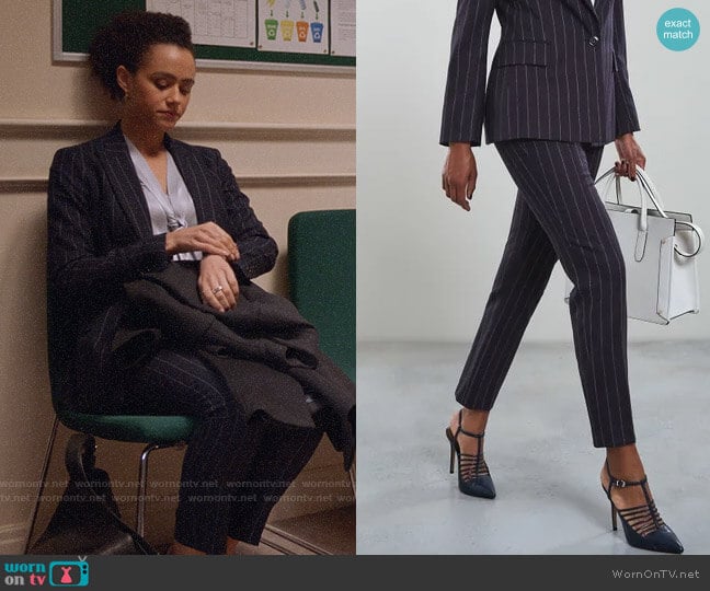 Reiss Piper Pinstripe Trousers worn by Maya (Nathalie Emmanuel) on Four Weddings and a Funeral