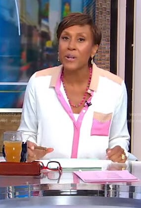 Robin’s white pink and beige contrast blouse on Good Morning America