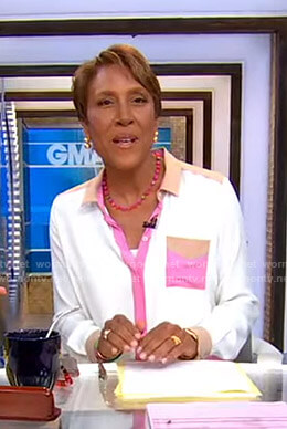 Robin’s white pink and beige contrast blouse on Good Morning America