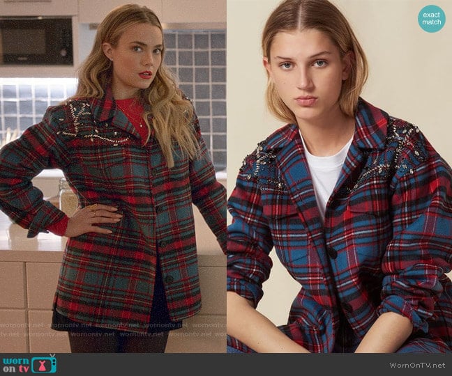 Sandro Mar Checked Jacket worn by Ainsley Howard (Rebecca Rittenhouse) on Four Weddings & a Funeral
