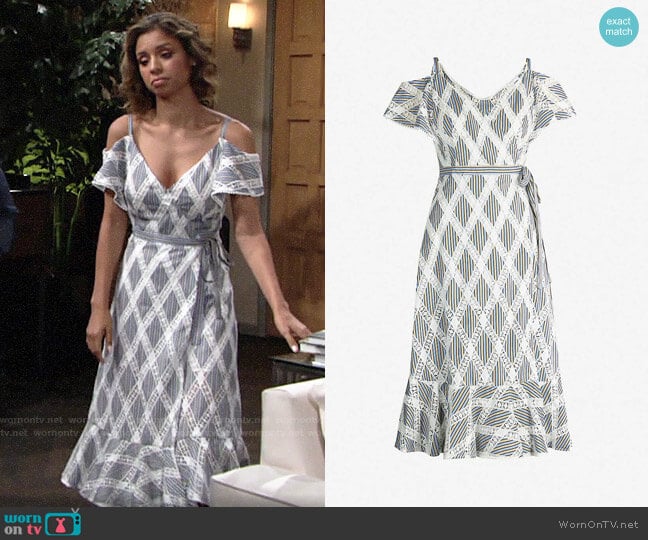 Sandro Lace Dress with Ruffles on the Shoulders worn by Elena Dawson (Brytni Sarpy) on The Young and the Restless