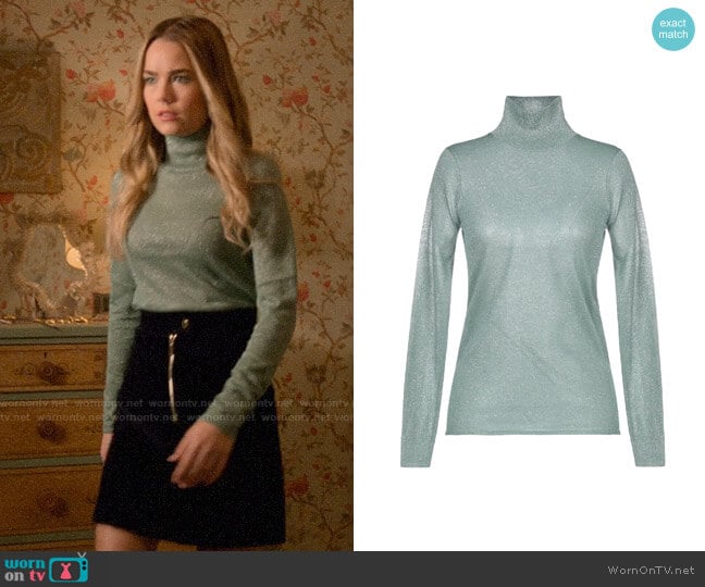 Sandro Metallic Turtleneck Top worn by Ainsley Howard (Rebecca Rittenhouse) on Four Weddings and a Funeral