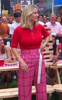 Sara’s red top and pink plaid pants on GMA Strahan And Sara