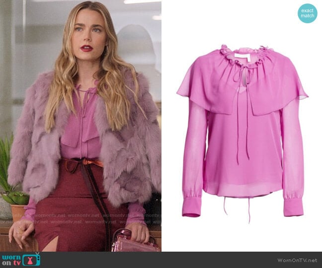 Ainsley’s pink ruffled blouse on Four Weddings and a Funeral