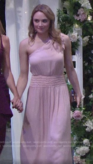 Summer's pink one-shoulder dress at Kola wedding on The Young and the Restless