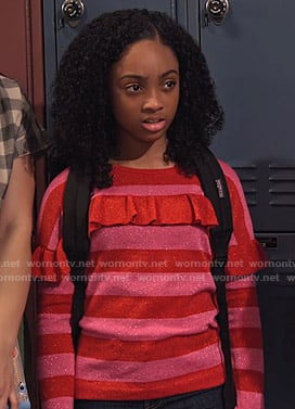 Tamika's red and pink striped ruffled sweater on No Good Nick