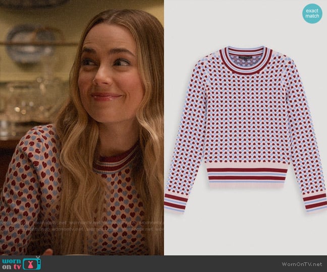 Tara Jarmon Heart Jacquard Sweater worn by Ainsley Howard (Rebecca Rittenhouse) on Four Weddings and a Funeral