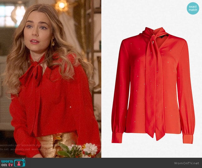 Ted Baker Crystal-embellished Neck-tie Crepe Blouse worn by Ainsley Howard (Rebecca Rittenhouse) on Four Weddings and a Funeral