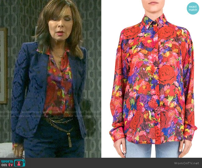 The Kooples Summer Night Floral Print Silk Shirt worn by Kate Roberts (Lauren Koslow) on Days of our Lives