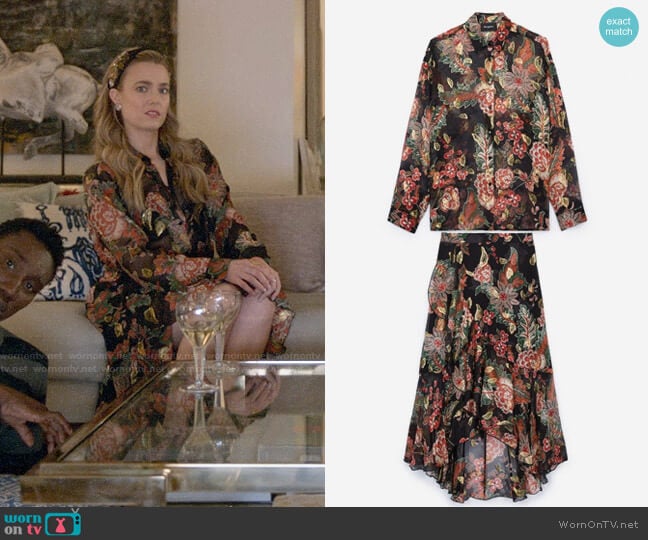 The Kooples Bollywood Floral Blouse and Skirt worn by Ainsley Howard (Rebecca Rittenhouse) on Four Weddings and a Funeral