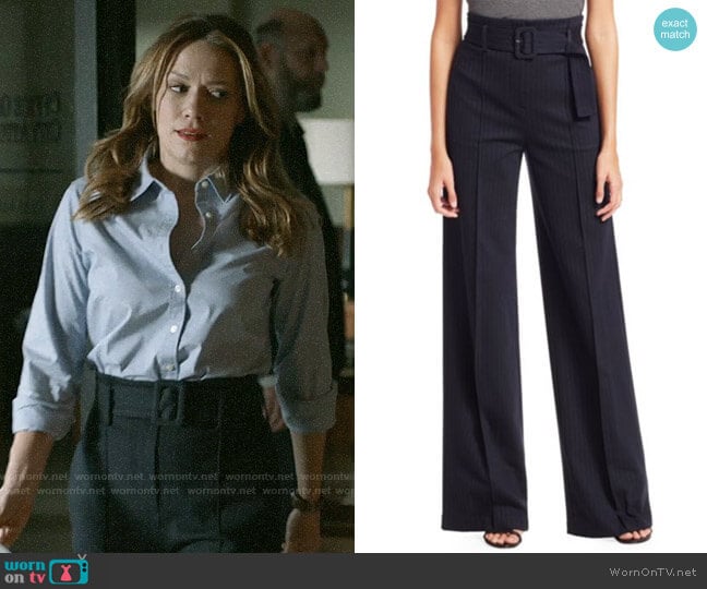 Theory High-Waist Belted Pinstripe Pants worn by Keri Allen (Bethany Joy Lenz) on Pearson