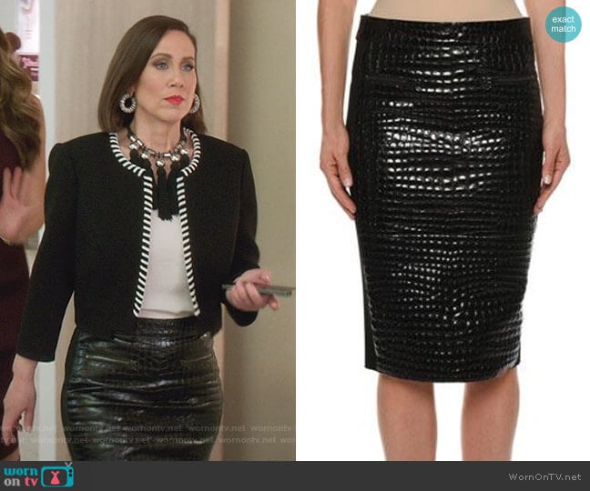 Crocodile Embossed Chantilly Lace Trim Skirt by Tom Ford (Thanks Younger Closet) worn by Diana Trout (Miriam Shor) on Younger