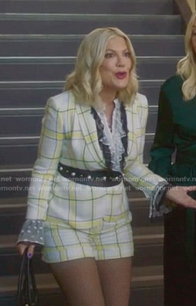 Tori’s white and yellow plaid blazer and shorts on BH90210