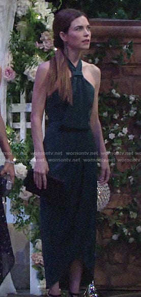 Victoria’s teal green halter neck dress at Lola and Kyle’s wedding on The Young and the Restless