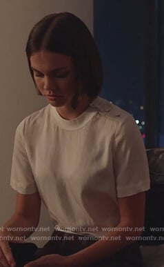 Callie’s white button shoulder tee on Good Trouble