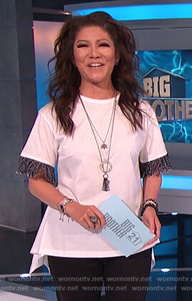 Julie's white asymmetric fringe sleeve top on Big Brother