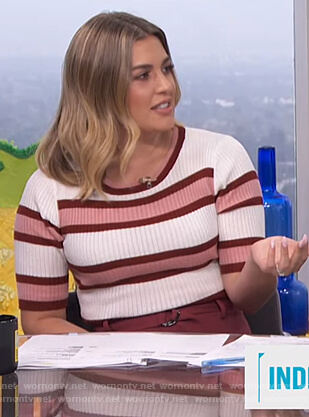 Carissa’s striped sweater and wide leg pants on E! News Daily Pop