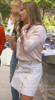 Kelly’s pink metallic cuff blouse and buckle skirt on The Real Housewives of Orange County