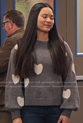 Xuan’s grey heart print sweater on No Good Nick