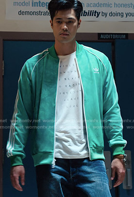Zach’s Adidas green track jacket on 13 Reasons Why