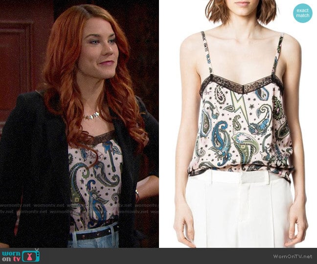 Zadig & Voltaire Camel Paisley Camisole Top worn by Sally Spectra (Courtney Hope) on The Bold and the Beautiful