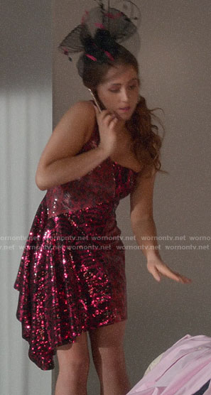 Zara’s red leopard sequin one-shoulder dress on Four Weddings and a Funeral