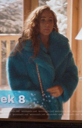 Zara's turquoise blue fur coat on Four Weddings and a Funeral