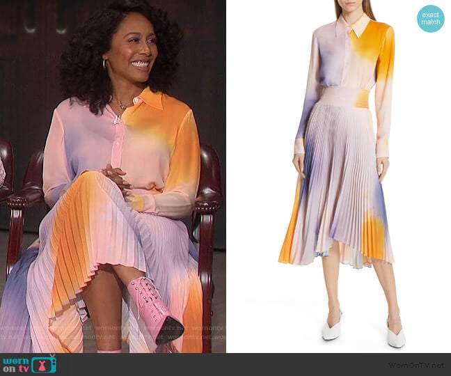 Jayne Dip Dye Silk Blouse and Skirt by A.L.C. worn by Simone Missick on The Talk