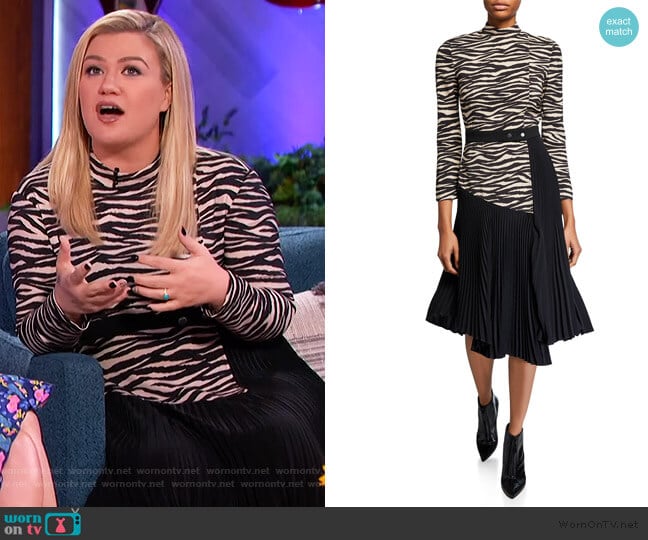 Peyton Zebra Mock-Neck Pleated Dress by A.L.C. worn by Kelly Clarkson on The Kelly Clarkson Show