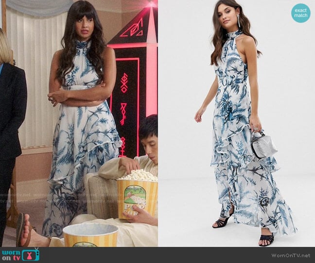 ASOS DESIGN high neck maxi dress in crinkle chiffon palm print worn by Tahani Al-Jamil (Jameela Jamil) on The Good Place