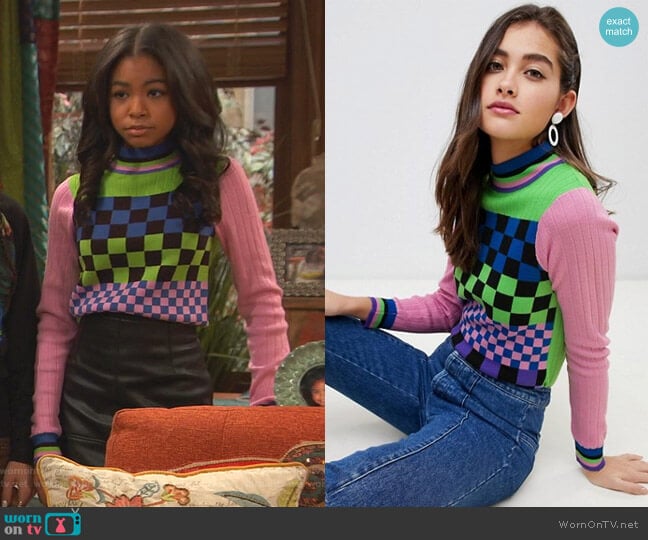 Mixed Checkerboard Sweater with Tipping by Asos worn by Nia Baxter (Navia Robinson) on Ravens Home