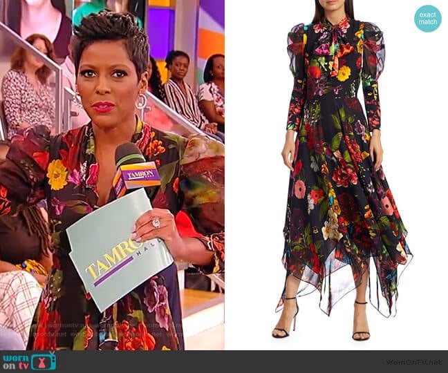 Karen Floral Puff Sleeve Handkerchief Midi Dress by Alice + Olivia worn by Tamron Hall on Tamron Hall Show