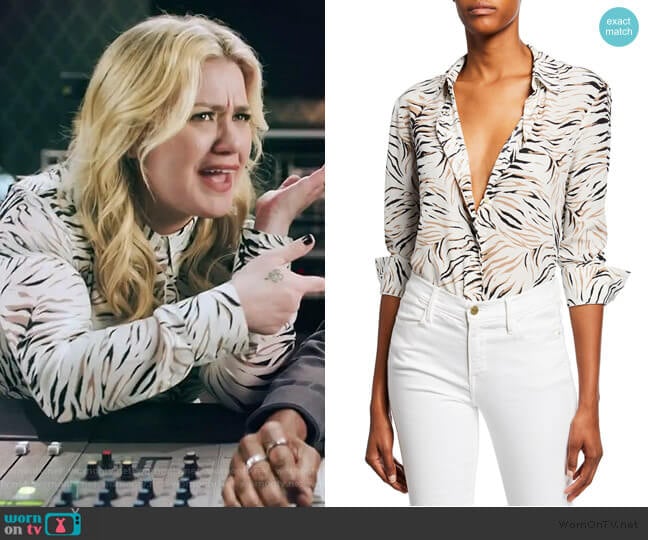 Chika Long-Sleeve Tiger-Print Shirt by Altuzarra worn by Kelly Clarkson on The Kelly Clarkson Show