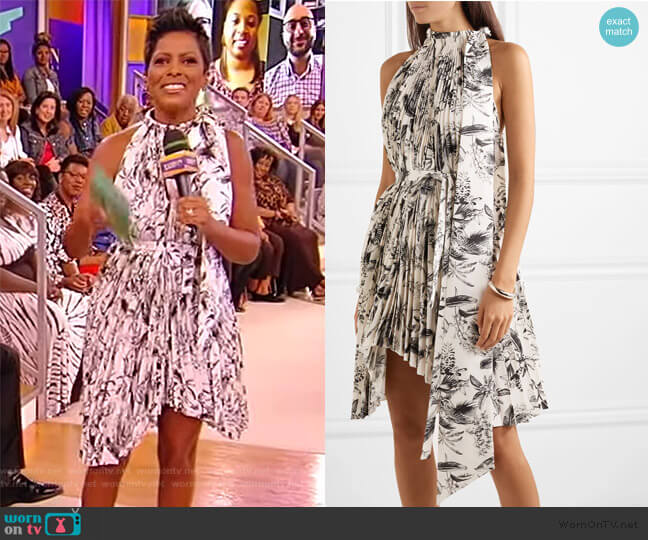 Doric asymmetric pleated printed faille dress by A.W.A.K.E. MODE worn by Tamron Hall on Tamron Hall Show