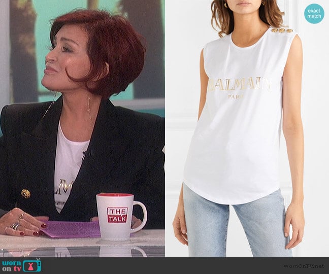 Button-embellished printed cotton-jersey tank by Balmain worn by Sharon Osbourne on The Talk