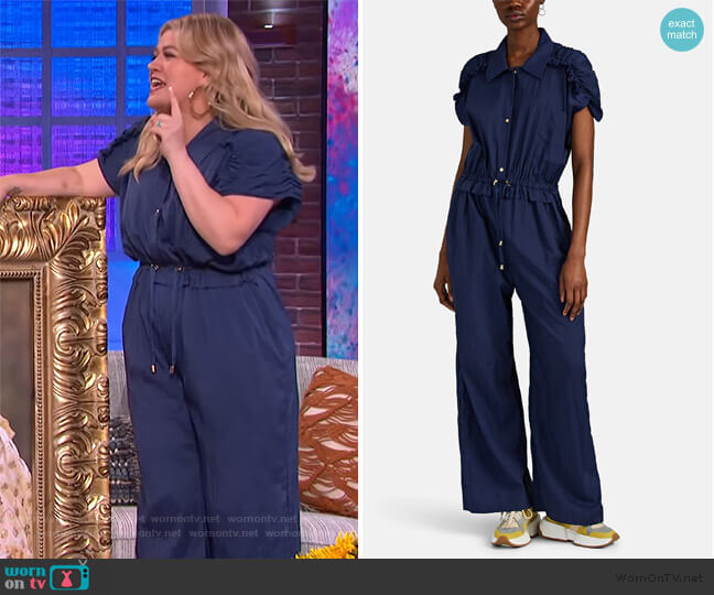 Orla Ruffle Ripstop Wide-Leg Jumpsuit by Brogger worn by Kelly Clarkson on The Kelly Clarkson Show