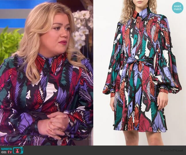 Feather Print Shirt Dress with Tie Waist by Carolina Herrera worn by Kelly Clarkson on The Kelly Clarkson Show