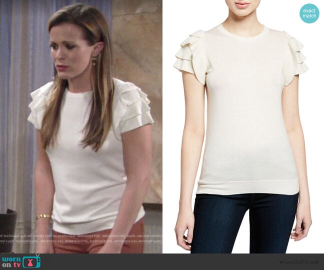 Cashmere Short-Sleeve Ruffle-Shoulder Top by Neiman Marcus Cashmere Collection worn by Chelsea Lawson (Melissa Claire Egan) on The Young and the Restless