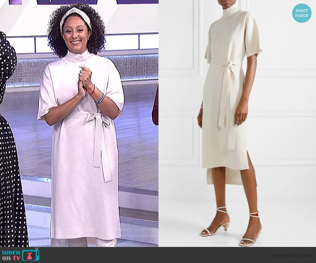 Belted stretch-wool turtleneck midi dress by Co worn by Tamera Mowry on The Real