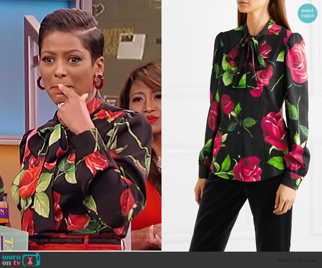 Pussy-bow floral-print silk-blend blouse by Dolce & Gabbana worn by Tamron Hall on Tamron Hall Show