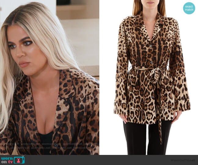 Leopard-Print Satin Pajama Shirt by Dolce & Gabbana worn by Khloe Kardashian on Keeping Up with the Kardashians