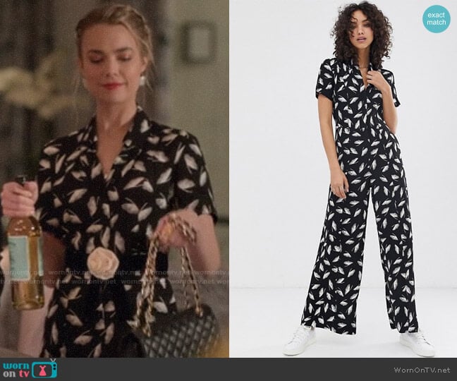 Finery Alida Winter Feathers Print Jumpsuit worn by Ainsley Howard (Rebecca Rittenhouse) on Four Weddings and a Funeral